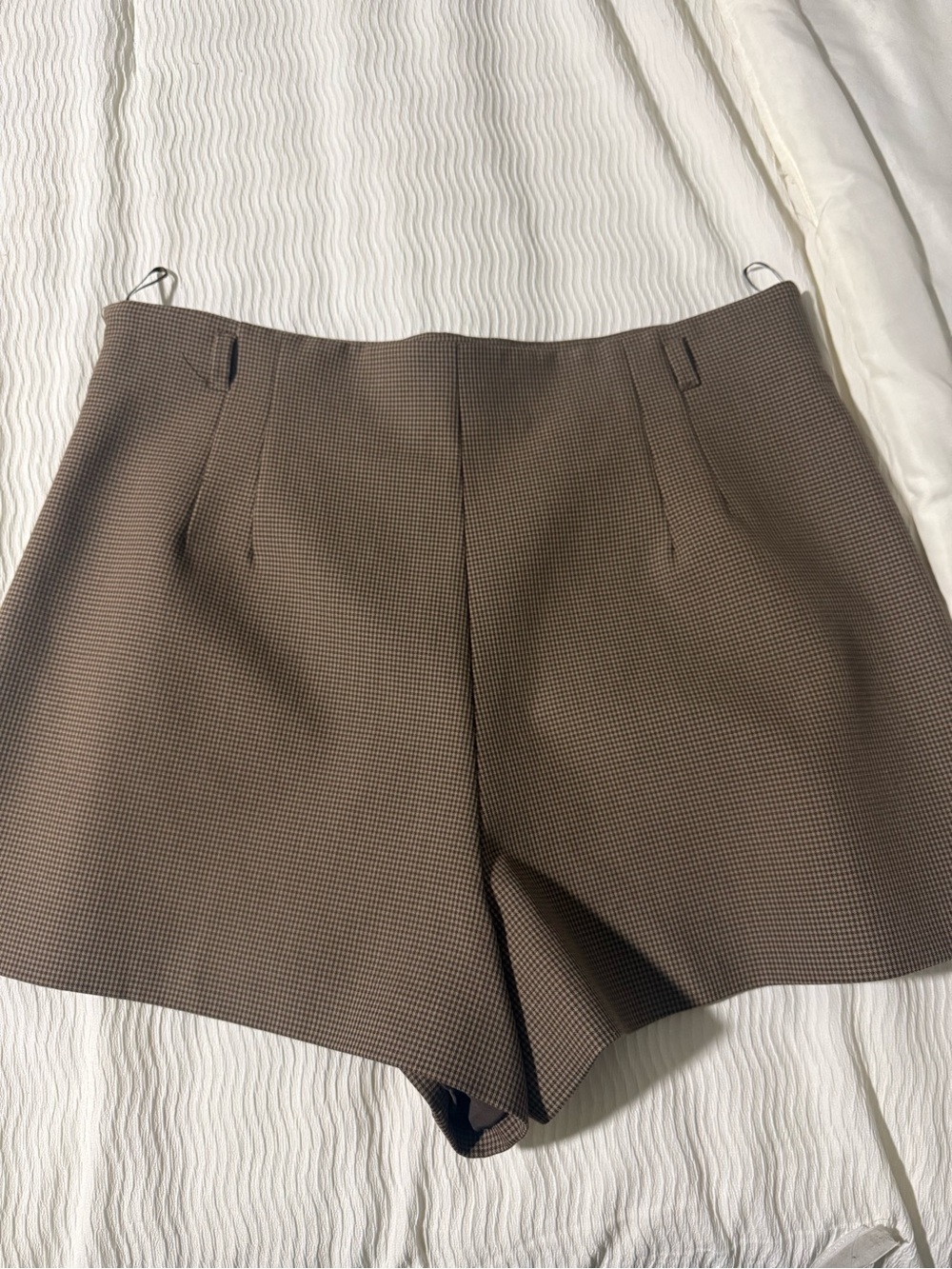 Zara Brown Micro-Check High-Rise Shorts